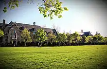 View of both Alumni and Dillon Hall on Notre Dame's South Quad.