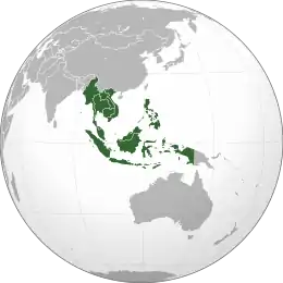 A map of East Asia highlighting the Southeast Asian region in green (including the nations of Myanmar, Thailand, Malaysia, Singapore, Indonesia, Brunei, East Timor, Cambodia, Laos, Vietnam, and the Philippines)