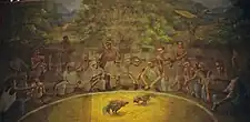 Painting of a traditional cockfighting village scene in southern Thailand