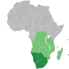 Map of Africa indicating SADC (light green) and SADC+SACU (dark green) members