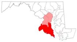 A map of the counties of Southern Maryland. According to the state of Maryland, the region includes all of Calvert, Charles, and St. Mary's counties (red) and the southern portions of Anne Arundel and Prince George's counties (light red)