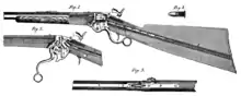 The Spencer repeating rifle uses a falling breechblock (F) mounted in a carrier (E).  Figure 1, shows the breechblock raised.  Firing forces are contained by the receiver at the rear of the breechblock.