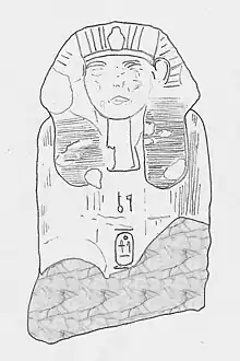 Drawing of a sphinx of Mentuhotepi, bearing the prenomen Seankhenre between the legs