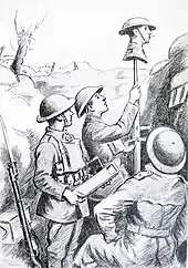 A drawing shows three soldiers raising a dummy head on a stick above a trench parapet. A cigarette hangs from the dummy's mouth. One man holds a periscope at the ready