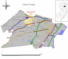 Map of Springfield Township in Union County. Inset: location of Union County highlighted in the State of New Jersey.