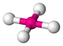 Skeletal model of a planar molecule with a central atom symmetrically bonded to four peripheral (fluorine) atoms.