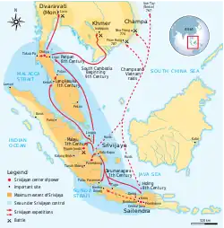 The maximum extent of Srivijaya around the 8th to the 11th century with a series of Srivijayan expeditions and conquest