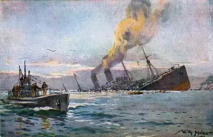 Postcard (1917)"Sinking of a hostile armed troop carrier by German submarine in the Mediterranean Sea".