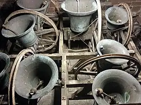 The bells of St Bees Priory shown in the "up" position. Cast by Charles & George Mears in 1857