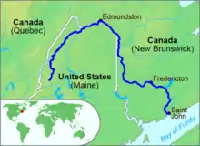 The Saint John River with the New Brunswick–Maine border and the location of Edmundston.