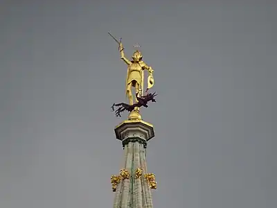 The copy of the statue placed at the top of the tower