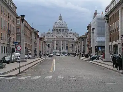 A view from ground level of the Via della Conciliazione in Rome, Italy