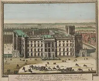 The newly built residence (replacement palace) in 1702 (as depicted by Schenk). Note the missing dome, added only in 1845.