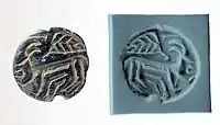 Stamp seal and modern impression: horned animal and bird; 6th–5th millennium
