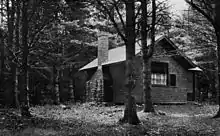 Star Studio in the woods, showing the side with the chimney and the side with a window with curtains