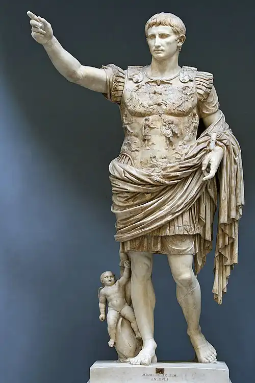 Augustus of Prima Porta; circa 20 BC; white marble; height: 2.06 m; Vatican Museums (Vatican City)