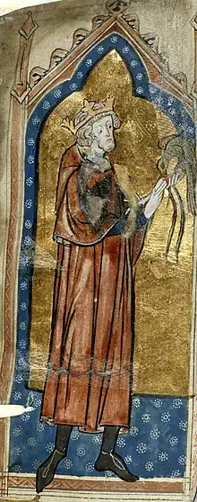 A medieval painting of King Stephen holding a hunting bird