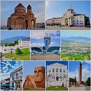 From top left: Holy Mother of God Cathedral Renaissance Square • Downtown Stepanakert Stepanakert Airport •  Stepanakert skyline Park Hotel Artsakh  • We Are Our Mountains Artsakh University
 • Stepanakert Memorial