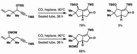 An intramolecular Pauson-Khand reaction produces a bicycle with 97% syn to the bridgehead and 3% anti.