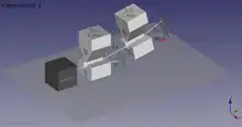 3D model of 2 S-G analyzers in sequence, showing the path of neutrons. Both analyzers measure the z-axis