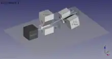 3D model of 2 S-G analyzers in sequence, showing the path of neutrons. The first one measures the z-axis spin, and the second one the x-axis spin.