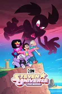 Steven, Garnet, Amethyst, and Pearl are on a cliff, while Spinel is over them