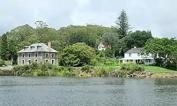 The Kerikeri Mission Station, with the Stone Store at left, St James at rear, and Mission House on the right