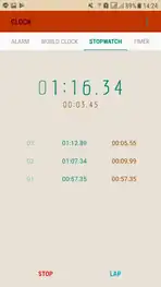 A digital stopwatch application on an Android device.