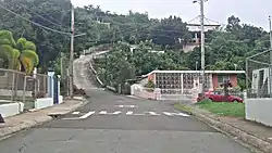 Road going up between colorful houses on either side, mountain in back