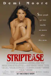 A nude woman sits down and looks straight at the camera. Beside her is the tagline "Some people get into trouble no matter what they wear." while the film's title and credits are below her.