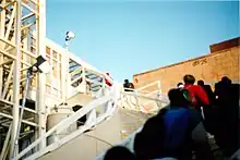 View of the Tribeca Bridge, a pedestrian bridge, with students entering Stuyvesant High School using the bridge, soon after its opening