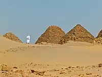 A man walks among the pyramids