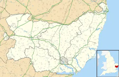 A map showing the location of Hoxne on the northern border of Suffolk in eastern England.