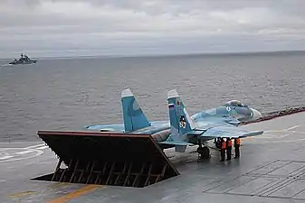 Sukhoi Su-33 preparing to take off from Admiral Kuznetsov in the Barents Sea, October 2008