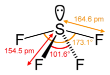 Structural formula of sulfur tetrafluoride, showing dimernsions