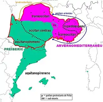 Supradialectal classification of Occitan according to D. Sumien