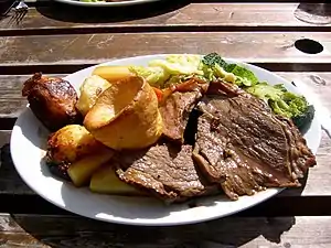 Sunday roast: roast beef (by 18th century), roast potatoes, vegetables and Yorkshire pudding (1747)