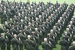 Finnish conscripts and women serving voluntary military service swearing the military oath in 2005