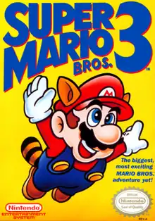 Mario is seen flying using the "Raccoon Mario" power-up over a yellow/gold background. The Game's logo appears on the top and the game's tagline appears on the bottom.