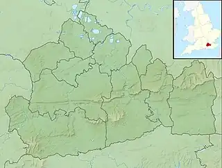 A map of Surrey with a mark indicating the location of Bessborough Reservoir