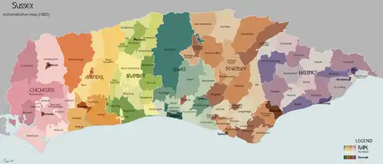 An administrative map of Sussex in 1832. Showing the Rapes, Hundreds and Boroughs