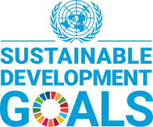 Logo for the United Nations Sustainable Development Goals with the UN symbol above the words "Sustainable Development Goals". The "O" in goals being a rainbow of colours