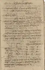 A page with angular Bengali handwriting and a square diagram.