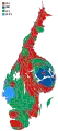 Cartogram of the map to the left with each municipality rescaled to the number of valid votes cast.