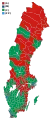 Votes by municipality. The municipalities are the color of the party that got the most votes within the coalition that won relative majority. Some municipalities have been split since 1976, so may be different to apparent results.