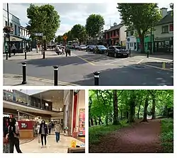 Clockwise from top: Main Street, Swords; Ward River Valley Park; interior of Swords Pavilions