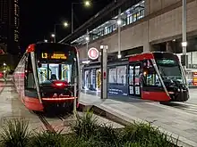 Connecting trams outside Circular Quay Station, May 2020