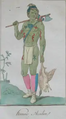 Fashion plate: Acadian Man. Hand-tinted engraving by Sylvain Maréchal, Paris, 1789.