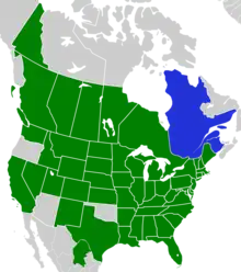 Symphyotrichum laeve native distribution map: Canada — Alberta, British Columbia, Manitoba, New Brunswick, Ontario, Québec, Saskatchewan, and Yukon; Mexico — Coahuila; US — Alabama, Arkansas, California, Colorado, Connecticut, Delaware, District of Columbia, Florida, Georgia, Idaho, Illinois, Indiana, Iowa, Kansas, Kentucky, Louisiana, Maine, Maryland, Massachusetts, Michigan, Minnesota, Mississippi, Missouri, Montana, Nebraska, Nevada, New Hampshire, New Jersey, New Mexico, New York, North Carolina, North Dakota, Ohio, Pennsylvania, Rhode Island, South Carolina, South Dakota, Tennessee, Texas, Utah, Vermont, Virginia, Washington, West Virginia, Wisconsin, and Wyoming.