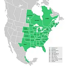 Symphyotrichum lateriflorum distribution map: Canada — Manitoba, New Brunswick, Nova Scotia, Ontario, Prince Edward Island, and Québec; Mexico — Veracruz; US — Alabama, Arkansas, Connecticut, Delaware, District of Columbia, Florida, Georgia, Illinois, Indiana, Iowa, Kansas, Kentucky, Louisiana, Maine, Maryland, Massachusetts, Michigan, Minnesota, Mississippi, Missouri, Nebraska, New Hampshire, New Jersey, New York, North Carolina, Ohio, Oklahoma, Pennsylvania, Rhode Island, South Carolina, South Dakota, Tennessee, Texas, Vermont, Virginia, West Virginia, and Wisconsin.